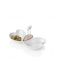 Antipastiera cuor di butterfly in porcellana bianca e bamboo con 2 forchettine in acciaio inox