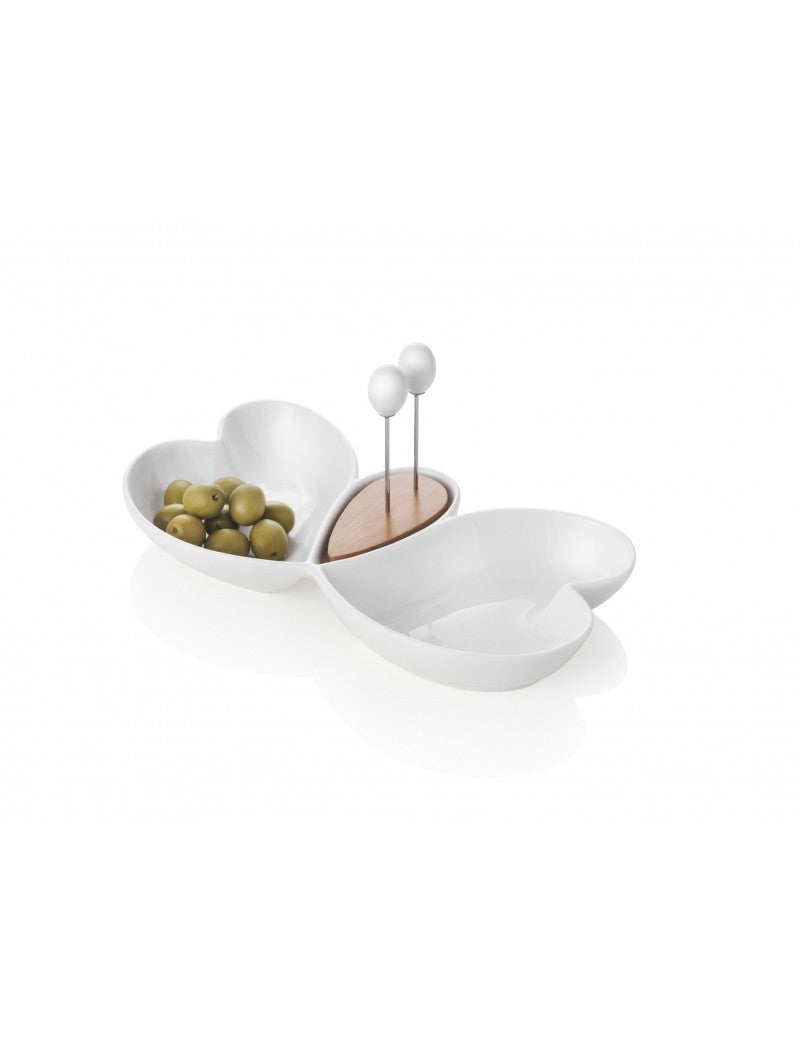 Antipastiera cuor di butterfly in porcellana bianca e bamboo con 2 forchettine in acciaio inox
