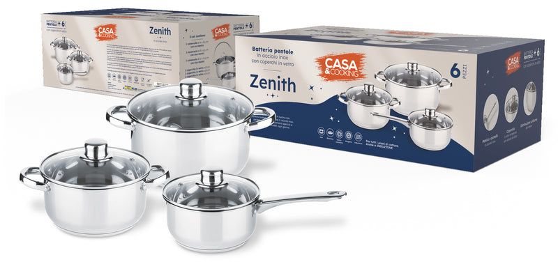 Batteria pentole inox 6 pezzi cm. 16/1/22 con coperchio vetro