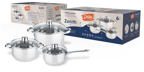 Batteria pentole inox 6 pezzi cm. 16/1/22 con coperchio vetro