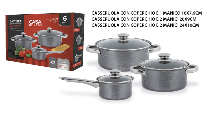 Batteria pentole Carmen 6 pezzi cm.16/20/24 con coperchio in vetro