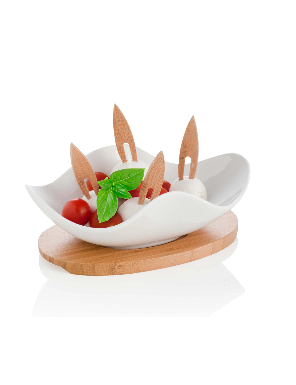 Antipastiera Nuvola porcellana bianca con supporto e 4 forchettine bamboo cm. 21x13x7H Brandani