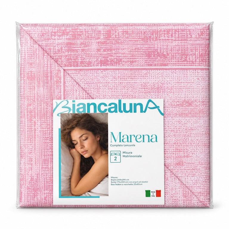 Lenzuola matrimoniale 100% cotone Marena Biancaluna  sopra 240x290 sotto 175x200 cm. due federe a sacchetto  52x82