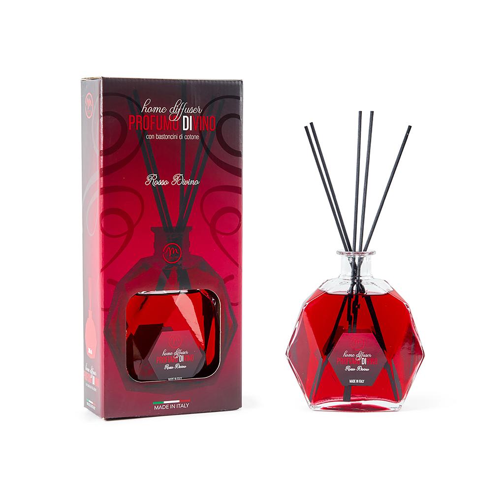 Diffusore di essenza bottiglia esagonale 300 ml rosso divino  con bacchetti in cotone scatola regalo + 1 tester