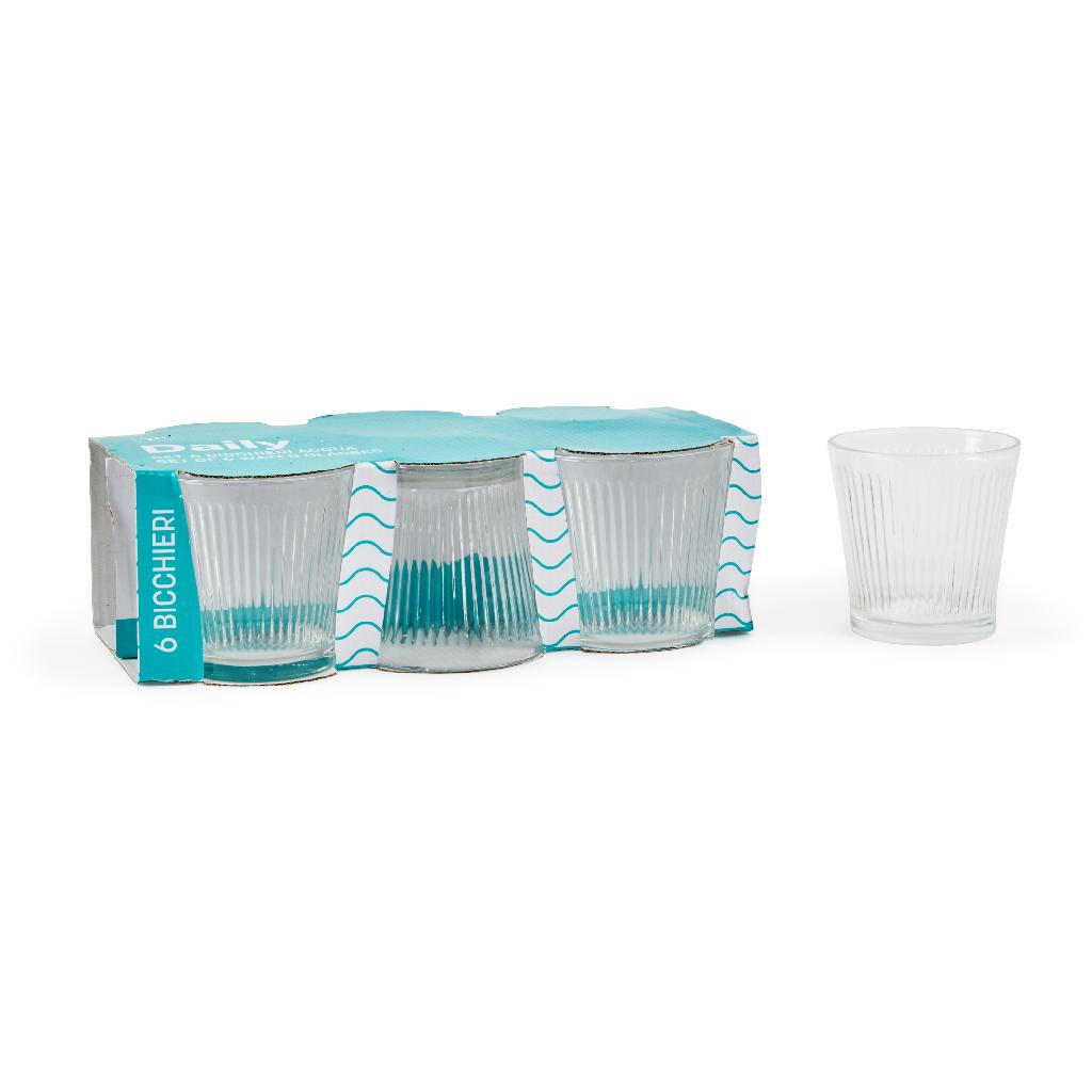 Bicchieri lines 6 pz. In vetro trasparente d. Cm 8,5 x h 8,5 ml 280 in cartonetta regalo