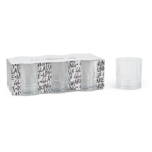 Bicchieri acqua 330ml in vetro 6pz 8.2xh.9.3cm disegni assortiti in cartonetta