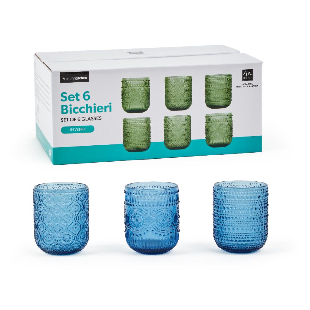 Bicchiere 6 pz. Blu in vetro 250 ml d.7,5xh.9,5 cm design assortiti  in scatola regalo<br />