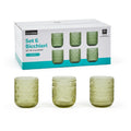 Bicchiere 6 pz. Verde in vetro 250 ml d.7,5xh.9,5 cm design assortiti  in scatola regalo<br />