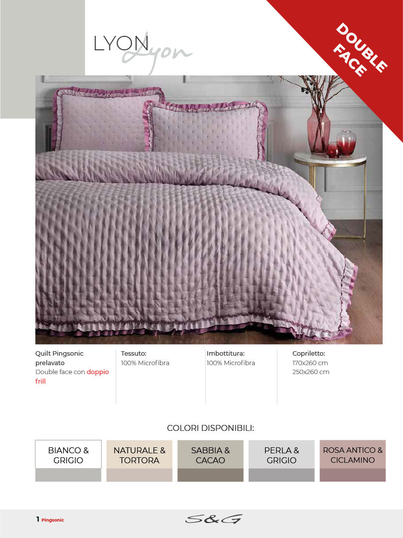 Lyon quilt trapuntino matrimoniale 260x260 duble face con doppio frill 100% microfibra colori assortiti.