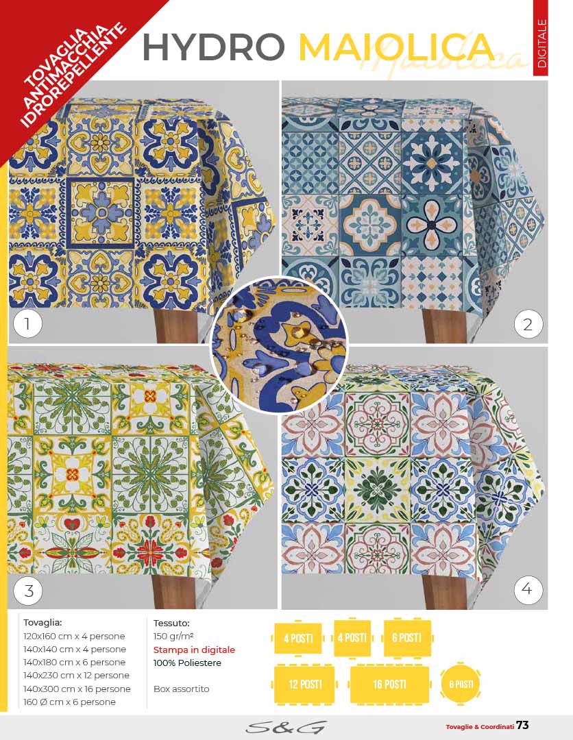 Hydro maiolica tovaglia tavola cm. 140x180 antimacchia idrorepellente 150 Gr/m. stampe assortite in digitale 100%POL.