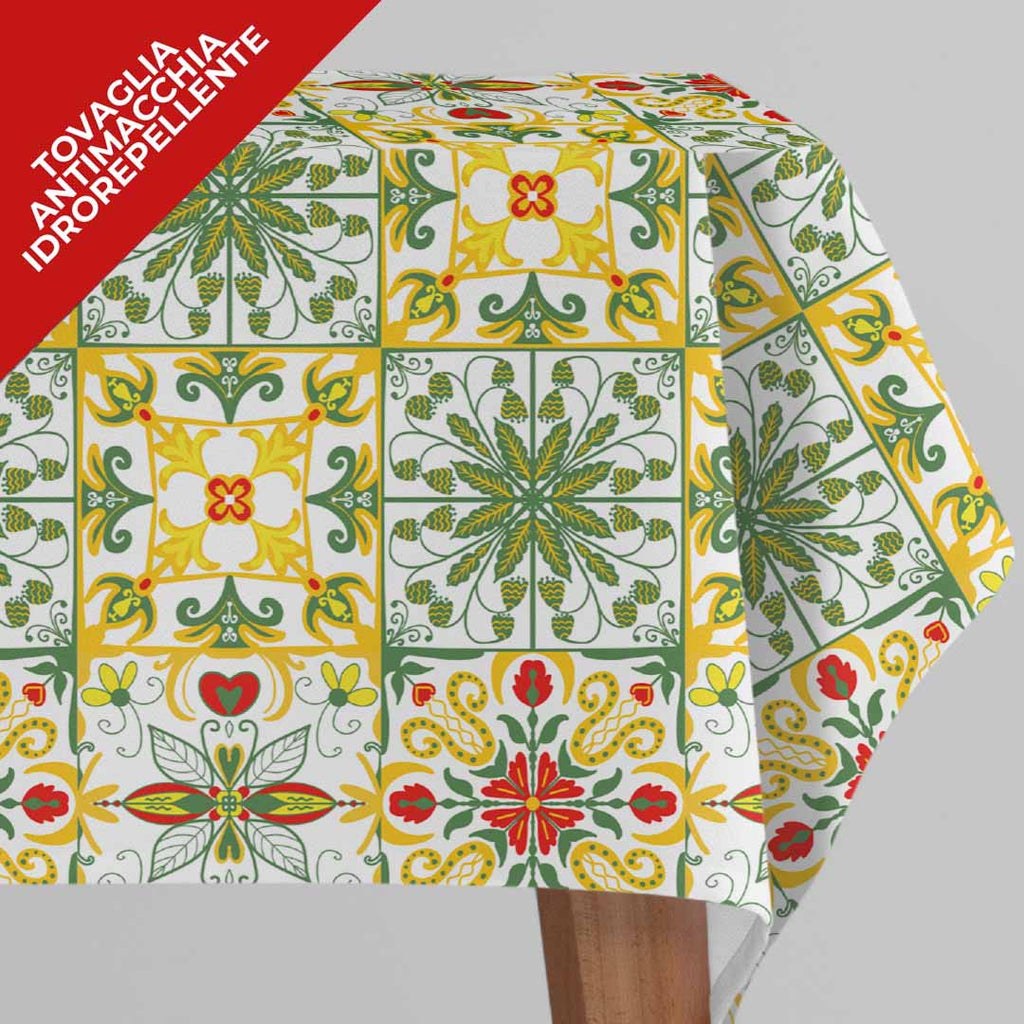 Hydro maiolica tovaglia tavola cm. 140x180 antimacchia idrorepellente 150 Gr/m. stampe assortite in digitale 100%POL.