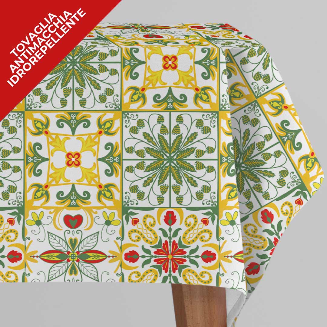 Hydro maiolica tovaglia tavola cm. 140x180 antimacchia idrorepellente 150 Gr/m. stampe assortite in digitale 100%POL.