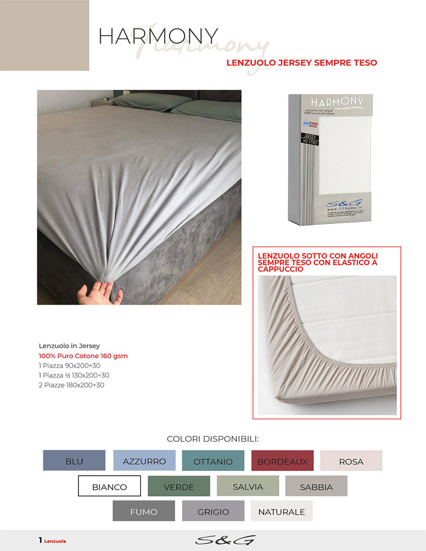 Harmony no stiro 100%  160 GSM cotone Jersey  lenzuolo sotto matrimoniale 2 piazze cm. 180x200+30 cm. angolo a cappuccio sempre teso colori assortiti come da foto<br />