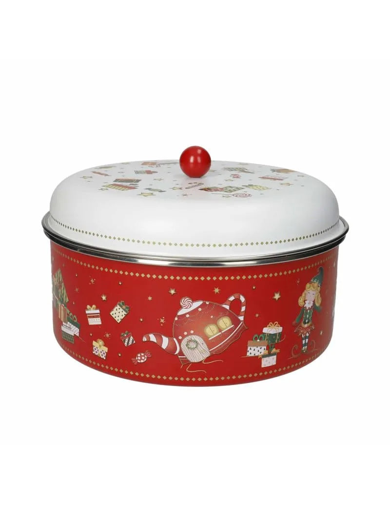Brandani scatola elfomagia rosso metal misure: cm d 19x12,5h materiale: metal colori: decori natalizi nelle tonalità di rosso e bianco