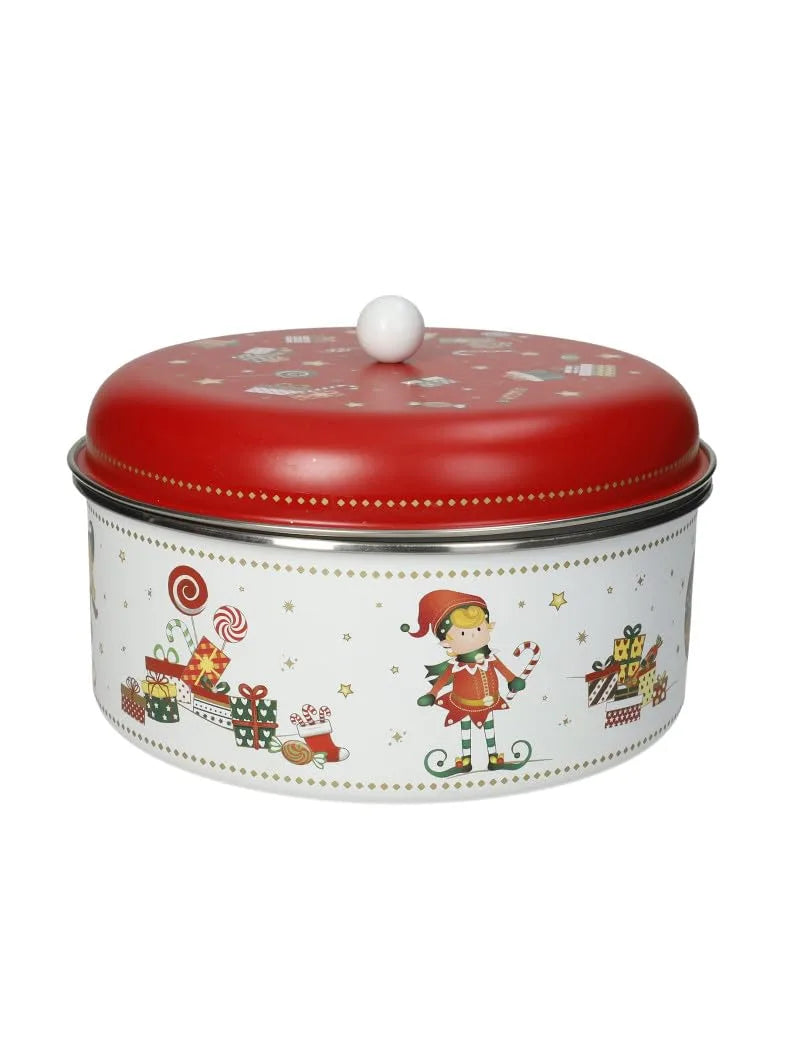 Brandani scatola elfomagia bianco metal misure: cm d 19x12,5h materiale: metal colori: decori natalizi nelle tonalità di rosso e bianco