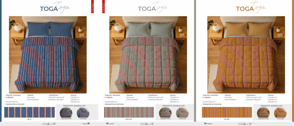 Toga trapunta matrimoniale 260x260 tessuto in microraso 100% pol. imbottitura 100% micropiuma di poliestere 400 g/m disponibile solo Blu e Rosa