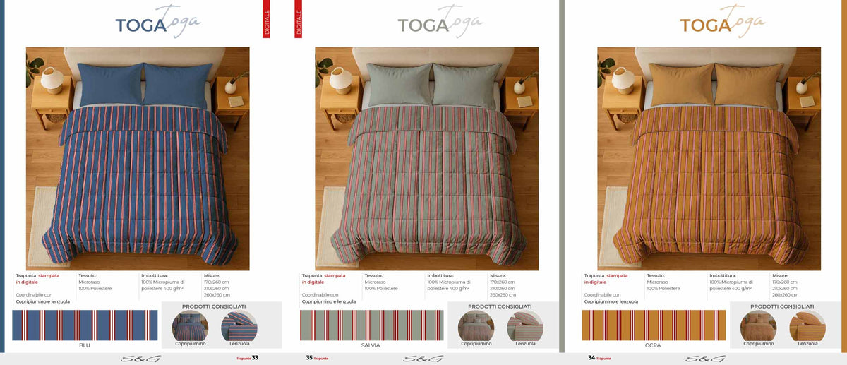 Toga trapunta matrimoniale 260x260 tessuto in microraso 100% pol. imbottitura 100% micropiuma di poliestere 400 g/m disponibile solo Blu e Rosa