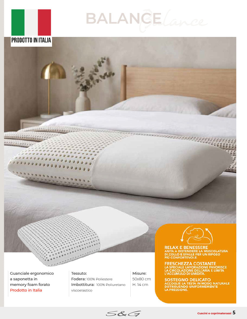 Balance guanciale ergonomico altezza cm.14  misure 50x80 in memory foam forato con profilo saponetta