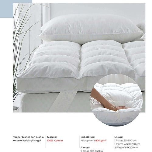 Elite topper in micropiuma 800 g/m h. 9 cm con fodera di cotone satin cm. 120x200 una piazza e mezzo