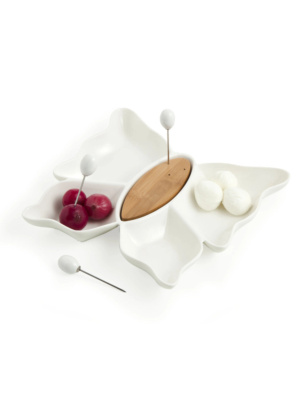 Antipastiera butterfly in porcellana bianca e bamboo e 3 forchettine in acciaio inox cm. 28,5x26x3,5h<br />Brandani