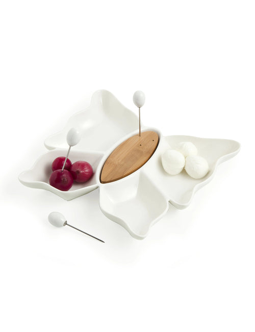 Antipastiera butterfly in porcellana bianca e bamboo e 3 forchettine in acciaio inox cm. 28,5x26x3,5h<br />Brandani