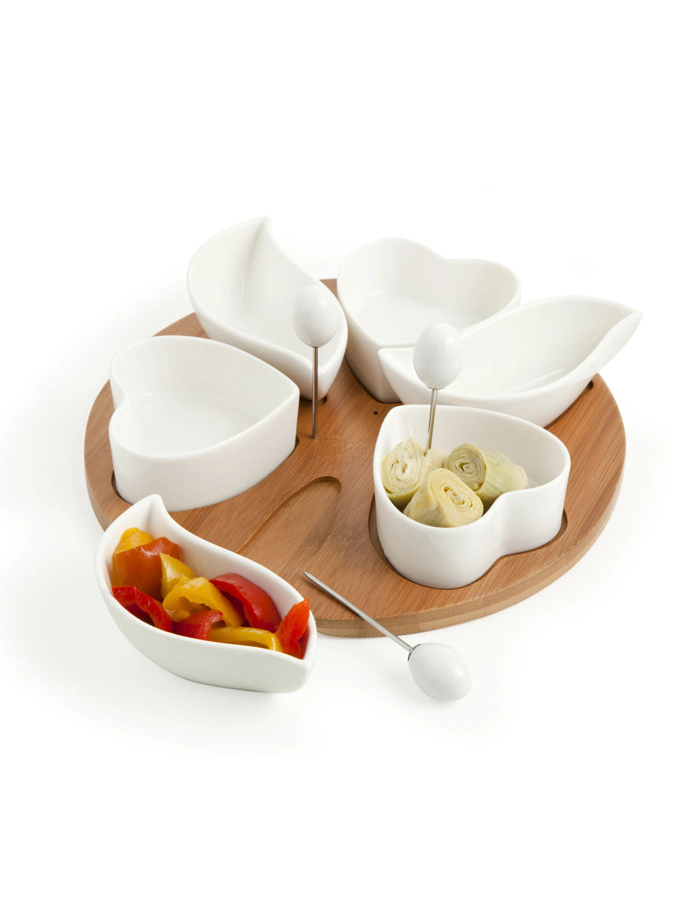 Antipastiera Cupido porcellana bianca con supporto in bambu e tre forchette inox Brandani
